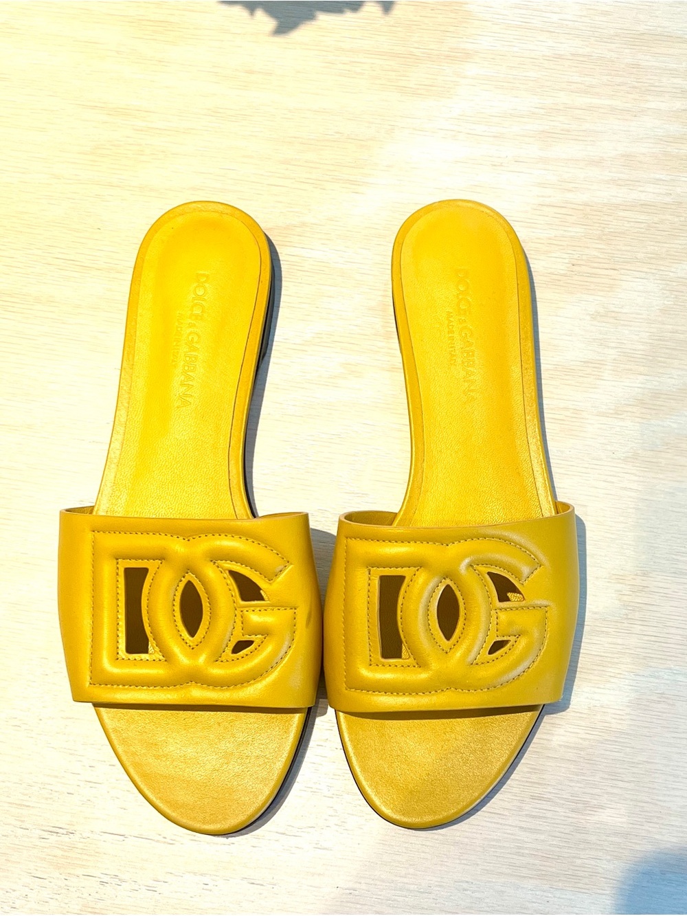 Dolce & Gabbana Vibrant Yellow Logo Leather Slide Sandals